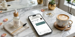 7 Proven Client Retention Strategies For Beauty Professionals An Overhead Flat-Lay Of A Smartphone Displaying A Confirmed Booking Notification, Resting On A Marble Counter Next To A Professional Beauty Product And A Cup Of Coffee In A Modern Salon.