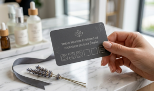 7 Proven Client Retention Strategies For Beauty Professionals A High-Quality Minimalist Loyalty Card Held By A Manicured Hand In A Modern Salon Background.