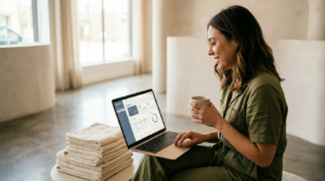 A Smiling Woman Sitting Comfortably In A Serene, Minimalist Spa Environment While Working On A Laptop. She Is Holding A Ceramic Mug And Looking At A Clean, Professional Business Dashboard On The Screen. The Setting Features Soft Alabaster Walls, Neutral Tones, And A Stack Of Clean Towels, Representing A Calm And Organized Workflow.