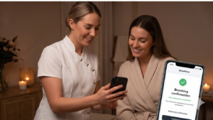 A Salon Owner Demonstrating How To List Your Business On Glowhives Using A Tablet.