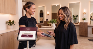 The Ultimate 3 Ways Salon Management Software Scales Your Brand A Beauty Professional In A Modern, Minimalist Salon Using A Tablet-Based Pos System To Finalize A Client'S Payment And Manage A Re-Booking Request.