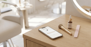 A Smartphone Showing The Glowhives Mobile-First Scheduling App Interface Resting On A Minimalist Wooden Vanity Table Inside A Luxury Salon Setting.