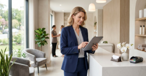 Professional Salon Owner Utilizing Business Automation Tools On A Tablet To Manage Client Data In A Modern Reception Area.