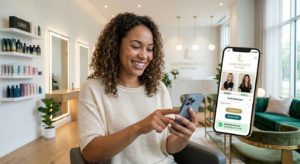 A Close-Up Shot Of A Client Smiling While Interacting With A Clean, User-Friendly Booking App Or Landing Page On Their Smartphone.