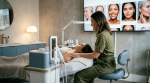 A Professional Aesthetician In A Green Uniform Providing A Treatment To A Client In A Luxury Medical Spa. In The Background, A Large Digital Screen Displays A High-End Professional Portfolio Featuring Diverse Client &Quot;After&Quot; Photos. The Room Is Decorated In A &Quot;Silent Luxury&Quot; Style With Slate Blue Cabinetry And Gold Fixtures.