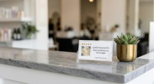 9 Essential Local Search Tactics For Beauty Brands: How To Shatter Booking Records And Rule Your City A Close-Up Photograph Of A Polished Marble Countertop, Consistent With The Upscale Interior Texture Implied In Previous Images (Image 0 And Image 1). Centered On The Counter Is A Minimalist, Clear Acrylic Stand. Within The Stand Is A Stylized Qr Code Next To Five Gold Stars And The Text: &Quot;Loved Your Visit? Scan To Review Us On Google!&Quot; A Blurred, Modern Payment Terminal Sits In The Background, Signifying The Checkout Process.