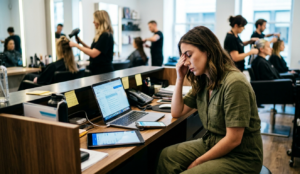 A Stressed Female Salon Owner Sitting At A Cluttered Wooden Desk In A Busy Hair Salon. She Has Her Hand On Her Forehead In Frustration While Surrounded By A Laptop, Tablet, Multiple Sticky Notes, And A Smartphone. In The Background, Stylists Are Busy Working With Clients In A Brightly Lit, Professional Salon Environment.