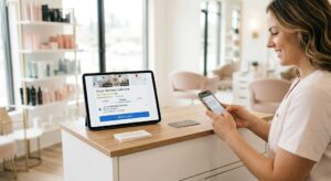 A Candid, Detailed Photograph Set Within The Refined Beauty Salon Environment Established In Previous Images, Focusing On A Polished Wooden Reception Desk. A Smiling Client Is Actively Typing A Positive Review On Her Smartphone, While Nearby, A Tablet Prominently Displays A Verified Google Business Profile For 'Azure Wellness Collective,' Showing A High Five-Star Rating And A Direct 'Book Online' Button.