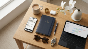 A Top-Down, Minimalist Flat Lay Of A Light Wood Desk Featuring A Smartphone With A 'Seamless Beauty Booking' Interface, A Navy Leather Journal, And A Tablet Displaying A Busy Calendar. The Professional Workspace Is Accented With A White Orchid, A Luxury Watch, Tortoiseshell Sunglasses, And A 'Glowhives' Branded Coffee Mug, Embodying A Refined And Organized Professional Lifestyle.