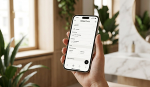 A Hand Holding A Sleek Smartphone Displaying A Minimalist Salon Management Scheduling Interface. The Screen Clearly Shows The Glowhives Logo. The Background Is A Gently Blurred, Modern, Luxurious Salon Environment With Soft, Natural Lighting, Conveying A Calm And Professional Atmosphere. This Image Represents Streamlined Digital Salon Management And Business Efficiency.