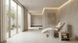 A Wide-Angle Interior Photograph Of A Minimalist Luxury Wellness Studio, Featuring Textured Beige Limestone Walls, Soft Integrated Cove Lighting, And Large Floor-To-Ceiling Windows Looking Out Onto A Blurred Garden. A Single, Plush Cream-Colored Treatment Recliner Is Centered In The Space, Accented By A White Knitted Blanket And A Concrete Side Table With Rolled Towels And A Minimalist Diffuser.