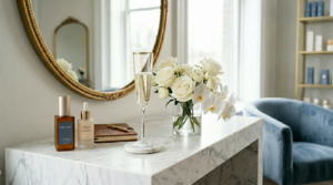 A Curated Display Of Champagne, White Flowers, And Premium Products, Illustrating The Aesthetic Of A Luxury Salon Experience.