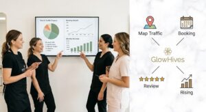 A Vibrant, Split-Screen Infographic And Team Photograph Set Within The Bright Beauty Salon From Previous Images. The Left Side Shows A Diverse Group Of Smiling Beauty Professionals Reviewing A Performance Dashboard. The Right Side Features Stylized Icons Connected To A Central Glowhives Logo. The Soft Natural Light From Previous Images Illuminates The Entire Scene, Which Illustrates How Making The Strategic Move To List Your Beauty Business Online Facilitates Measurable Business Growth And Local Dominance.