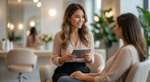 A Warm And Candid Photograph Of A Professional Beauty Therapist Smiling While Interacting With A Client In A Bright, Modern Salon Setting To Build Deep Loyalty.