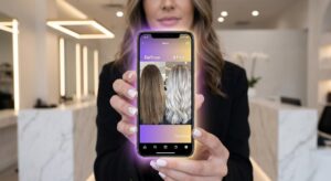 The Ultimate Salon Social Media Strategy For Growth A Close-Up Shot Of An Iphone Screen Displaying A High-Quality Before-And-After Hair Transformation (Dull To Icy Blonde Balayage), Glowing With Luminous Purple Light Over A Minimalist Marble Surface, Representing Engaging Content For A Salon Social Media Strategy.