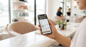A Close-Up Photograph Capturing A Client’s Hand Holding A Modern Smartphone Over A Clean White Marble Manicure Counter. The Phone Screen Clearly Displays A User-Friendly Online Booking Interface For A Salon, Featuring A List Of Services (Like 'Balayage,' 'Facial,' 'Manicure') And Available Times, With A 'Confirm Booking' Button Prominently Highlighted. The Background, Containing Elements From The Original Salon Environment, Is Softly Blurred.