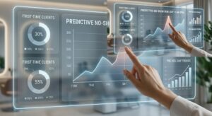 A Close-Up Of A Modern Touchscreen Dashboard In A Salon Analyzing Predictive Data Charts, Cancellation Rates, And Peak-Hour Metrics To Spot Calendar Gaps.