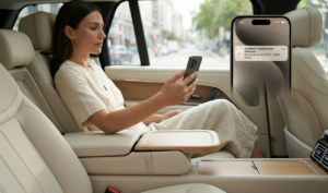 A Professional Woman Sits In The Back Of A Luxury Vehicle With Cream Leather Interiors, Holding A Smartphone. A Digital Overlay Shows A Close-Up Of Her Screen With A 'Glowhives Booking Reminder' Notification For A 'Luminous Glow Facial' Scheduled For The Next Morning. The Image Conveys A Sense Of Organized, High-End Time Management And Seamless Self-Care Integration.