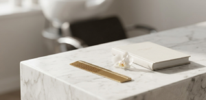A Curated, Close-Up Shot Of A High-End Polished White Marble Salon Counter. Resting Delicately On The Marble Are A Gold Fine-Tooth Comb, A Single White Orchid, And A Minimal Professional Journal. Soft, Natural Light Highlights The Objects, Casting Gentle Shadows. The Mood Is Minimalist, Modern, And High-End, Illustrating The Sophisticated Aesthetic Required For Luxury Salon Management And Branding.