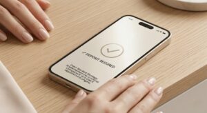 A Smartphone Lying On A Luxury Wooden Desk Displaying A Secure Deposit Confirmation Screen, Demonstrating A Data-Backed Strategy Implemented Via A Critical Component Of A Client Appointment Engine.