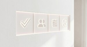 A Minimalist White Wall Display Featuring Backlit Luxury Modern Icon Designs Representing Checkmarks, Calendars, And Business Analytics Data Tracking.