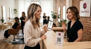 A Happy Salon Client Holds Up Her Phone Showing An Instant Appointment Confirmation For Her Next Visit, Booked Through A Beauty Business Growth Platform After A Successful Service.