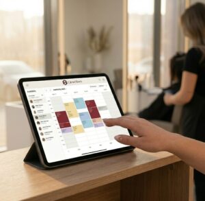 At A High-End Salon Reception Desk, A Client'S Hand Hovers Over A Tablet Displaying A Clean, Staff-Centric, Real-Time Availability Calendar Dashboard. Niche Booking Platform Specialized Interface Is Fully Branded For The Glowhives Platform, Showing The Corrected &Quot;Glowhives&Quot; Text Next To The Logo In The Header.