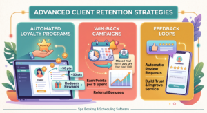 Infographic Titled 'Advanced Client Retention Strategies' Displayed Against A Professional Dark Blue Background. The Graphic Is Divided Into Three Sections: 'Automated Loyalty Programs' Showing A Hand Holding A Star Token And A Desktop Interface With A Rewards Dashboard; 'Win-Back Campaigns' Featuring A Calendar, Notification Icon, And A Graph Showing Growth; And 'Feedback Loops' Illustrating A Mobile Phone Interface For Collecting Client Reviews. The Overall Design Uses A Clean, Corporate Aesthetic To Illustrate Software Solutions For Spa Businesses.