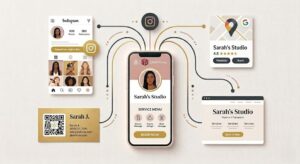 A Modern Graphic Diagram Showing How A Beauty Business Growth Platform Profile Centralizes Bookings From Social Media, Google Maps, Websites, And Business Cards Via One Link Or Qr Code.