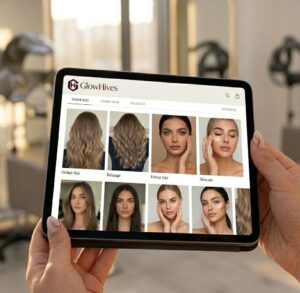 Inside A Modern Salon, A Stylist Holds A Tablet Displaying An Organized Gallery Of Categorized Beauty Photos. The Corrected Glowhives Platform Logo (Including The Full Text &Quot;Glowhives&Quot;) Is Visible As The Main Header On The Screen.
