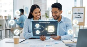 Marketing Professionals Reviewing A Tablet With A Value Exchange Infographic, Symbolizing Building A Subscriber List With Intention.