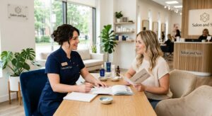A Beauty Professional Conducting A Detailed, Attentive Consultation With A Client To Ensure A Personalized Service Experience.