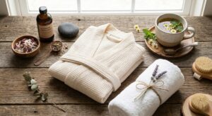 Aesthetic View Of Spa Amenities Including A Warm Robe And Tea, Emphasizing The Small, Thoughtful Touches That Define Premium Salon Experiences.