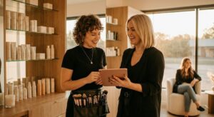 Two Smiling Beauty Professionals Collaborating On A Marketing Project In The Salon, Illustrating Community-Driven Beauty Business Growth.