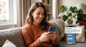 A Salon Client Viewing An Automated Sms Appointment Reminder On Her Smartphone.