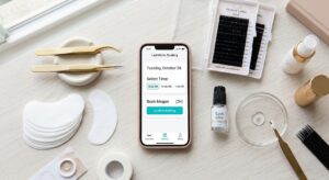 A Smartphone Showing A Modern Booking Interface On A Clean Workstation, Symbolizing Automated Scheduling For Lash Professionals.