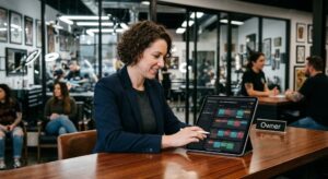 A Studio Owner Efficiently Manages Appointment Scheduling And Artist Availability Using A Tablet Dashboard, Demonstrating The Benefits Of Automated Studio Management In A Contemporary Body Art Studio.