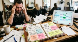 A Chaotic Desk Showing Messy Manual Booking Logs And A Stressed Beauty Professional.