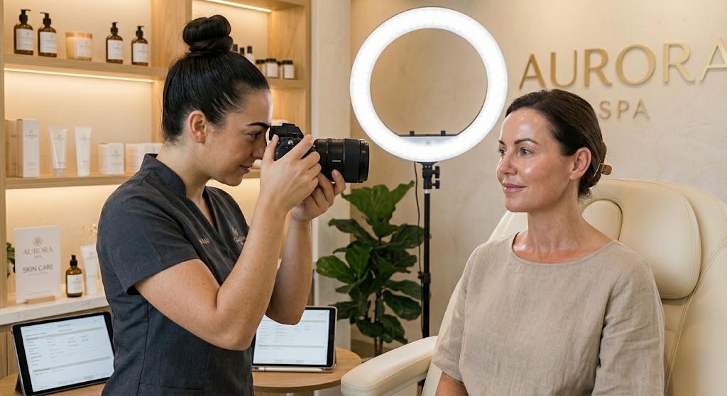 A Beauty Professional Capturing A Client'S Skincare Results To Build A Professional Portfolio And New Graduate Esthetician.