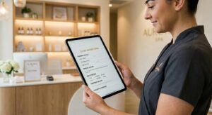 An Esthetician Using A Tablet To Manage Digital Client Intake Forms For Efficient Salon Workflow.