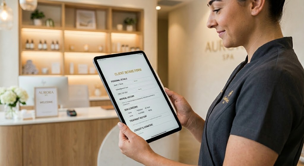 An Esthetician Using A Tablet To Manage Digital Client Intake Forms For Efficient Salon Workflow.