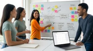 A Warm, Collaborative Office Space Where A Diverse Group Of Four Professionals—Including The Smiling Woman From The Previous Team—Gathers Around A Large Whiteboard. The Board Is Covered In Colorful Sticky Notes, Handwritten Diagrams, And A Central Flow Chart Linking 'Strategy' Directly To 'Brand Growth.'