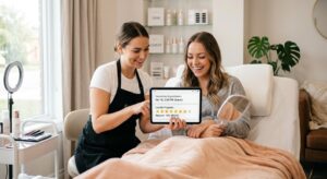 A Happy Client And Lash Artist Interacting, Demonstrating How Digital Tools Enhance The Personalized Client Experience.