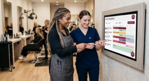 Two Different Beauty Professionals In A High-End Salon Use A Staff Scheduling Interface Within A Beauty Business Growth Platform To Manage Team Availability And Specialties.