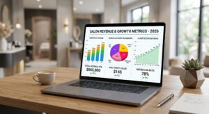 A Laptop Screen Displaying Salon Performance Analytics, Growth Charts, And Business Metrics Used For Data-Driven Salon Management.