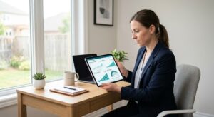 A Lash Business Owner Reviewing Digital Performance Analytics And Revenue Growth Charts On A Tablet Screen.