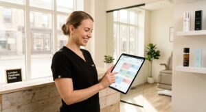 A Modern Aesthetician Viewing A Streamlined Appointment Calendar On A Tablet.