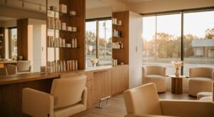 A Welcoming, Modern, High-End Beauty Salon Interior With Soft, Warm, Cinematic Lighting.