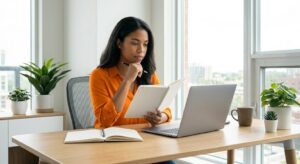 A Focused Female Strategist, With A Thoughtful, Serious Expression, Sits Alone At A Minimalist Oak Desk With Natural Daylight Streaming Through A Large Window. She Holds A Pen To Her Chin, Reviewing Handwritten Notes In A Spiral Notebook, Symbolizing Quiet Contemplation, Focus, And The Strategic Planning Of Social Media Engagement Initiatives.