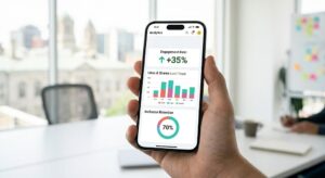 A Close-Up Photograph Of A Hand Holding A Modern Black Smartphone (Iphone) In Soft, Natural Daylight. The Screen Is Sharply Focused On A Bright, Minimalist Analytics Dashboard Titled 'Glowhives Social.' The Display Highlights A Circular Chart For ' Social Media Engagement' And A Line Graph Showing Positive Weekly Trends For Interactions.